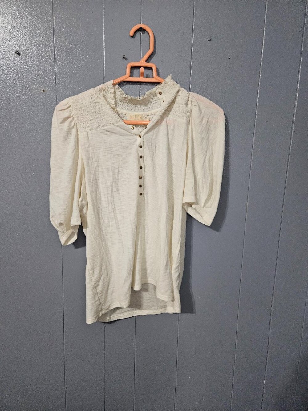 Nation LTD Ivory Blouse Size L Smocked Yoke Puff Sleeve